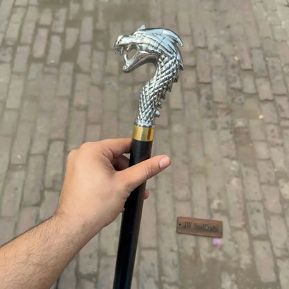 Handmade Cobra Head Sword Cane with Polished Steel Blade and Black Walking Shaft for Collection and Display