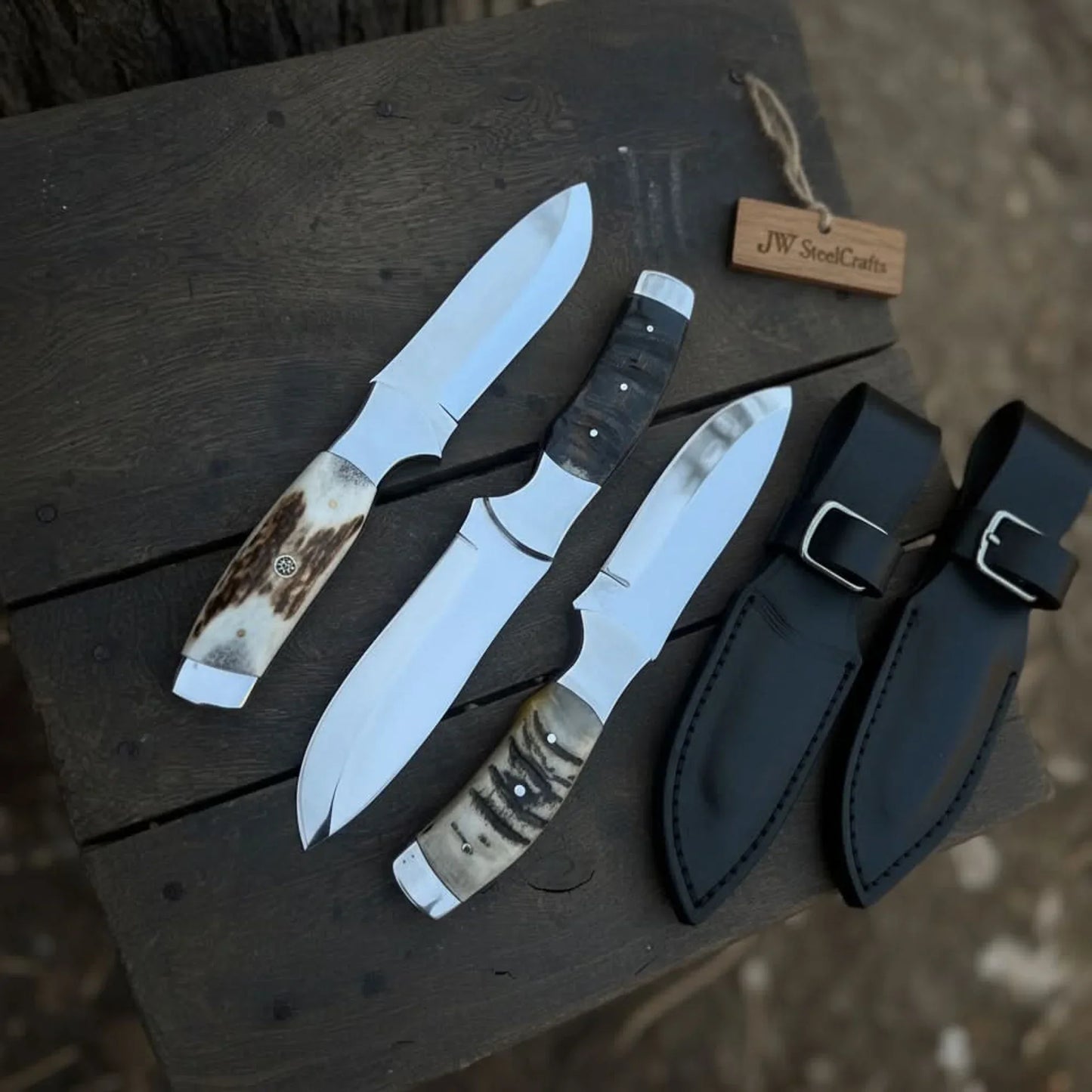 Handmade Hunting Knife Set of 3-Piece Fixed Blade Set with Leather Sheath