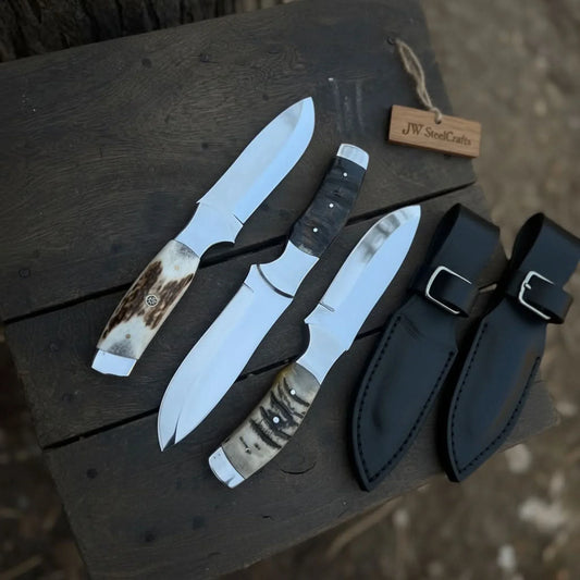 Handmade Hunting Knife Set of 3-Piece Fixed Blade Set with Leather Sheath