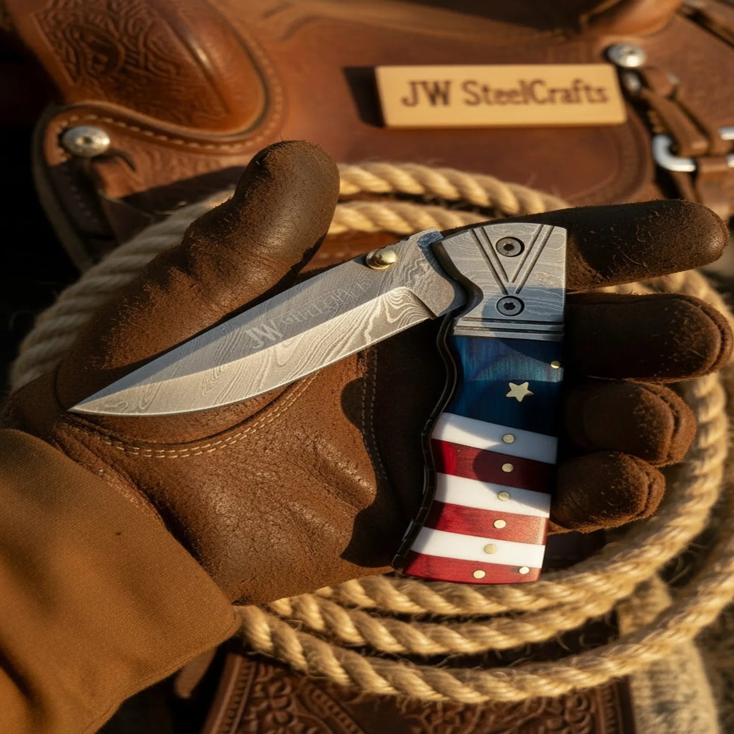 Patriot Damascus Folding Knife 7” opened – American Flag Handle with Leather Sheath