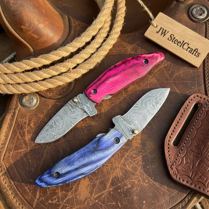Persian Damascus Folding Knife Set 7” opened Pink & Blue Pakka Wood EDC Blades