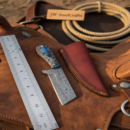 Western Bull Cutter 7” Knife – Damascus Ranch Blade with Blue Stabilized Handle & Sheath