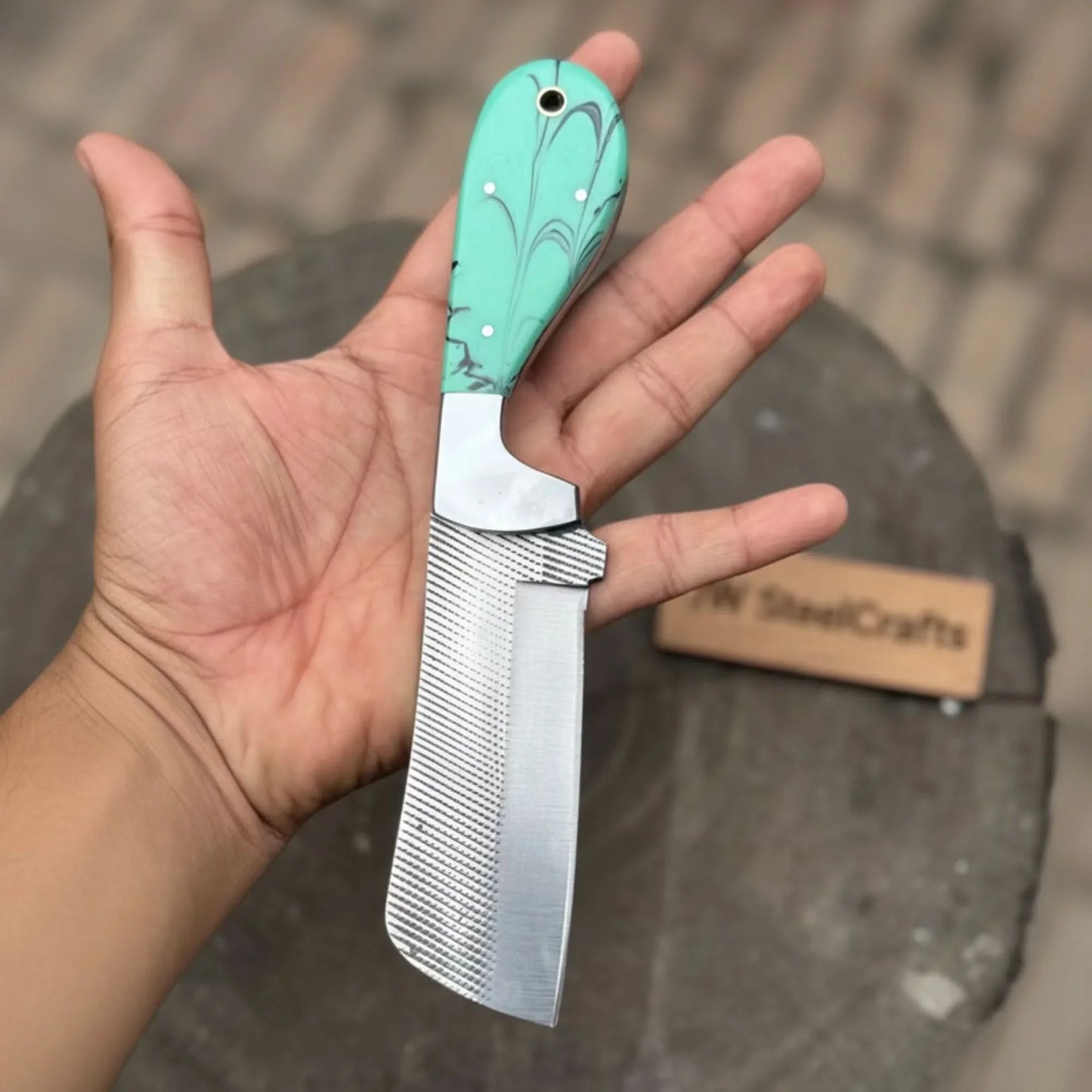 7.5-Inch Rasp Steel Bull Cutter Knife — Teal Marbled Resin Handle, Silver Pins, Lanyard Hole & Leather Sheath | JW Steel Crafts