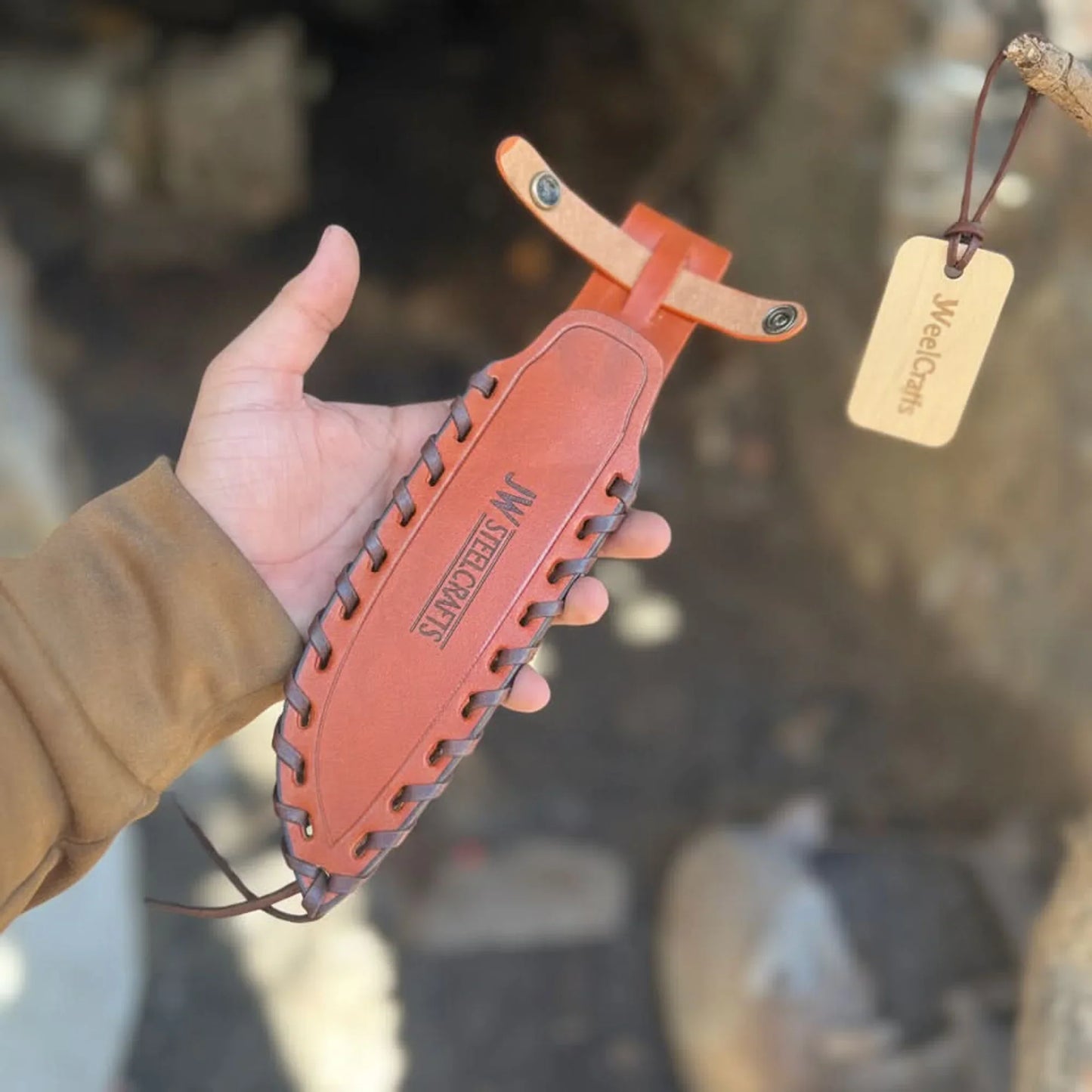 10-Inch Hammered Spear Point Survival Knife — Ram Horn Black Resin Handle, Tiger Engraved Copper Bolster & Leather Sheath