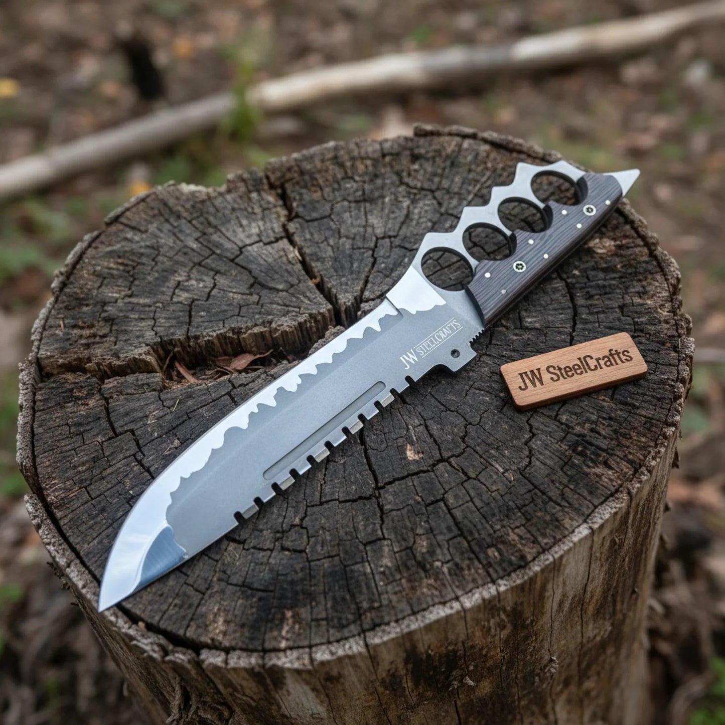 14-Inch High Carbon Steel Combat Knife — Acid Etched Tanto Blade, Knuckle Duster Guard & Wenge Wood Handle