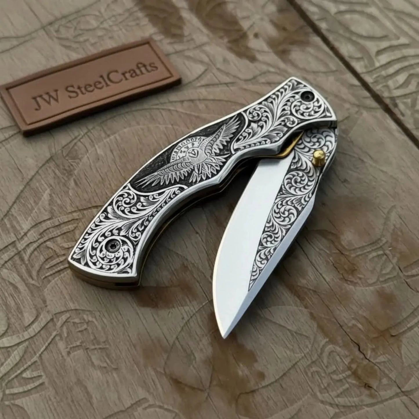 Hand Engraved Folding Knife — Eagle Motif Stainless Steel Scales