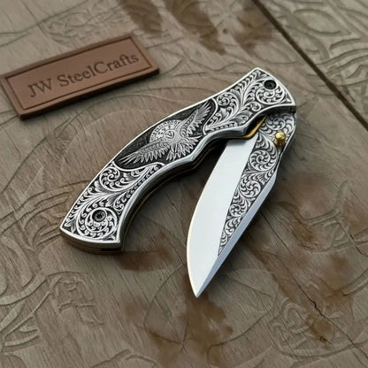 Hand Engraved Folding Knife — Eagle Motif Stainless Steel Scales