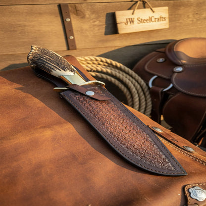 Handmade Carbon Steel Hunting Knife with Stag Horn Handle & Leather Sheath