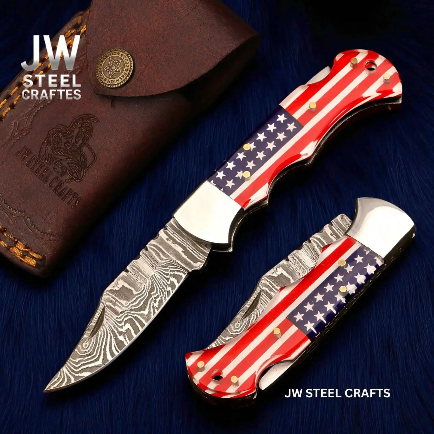 Handmade Damascus Folding Knife with Ram Horn or American Flag Handle