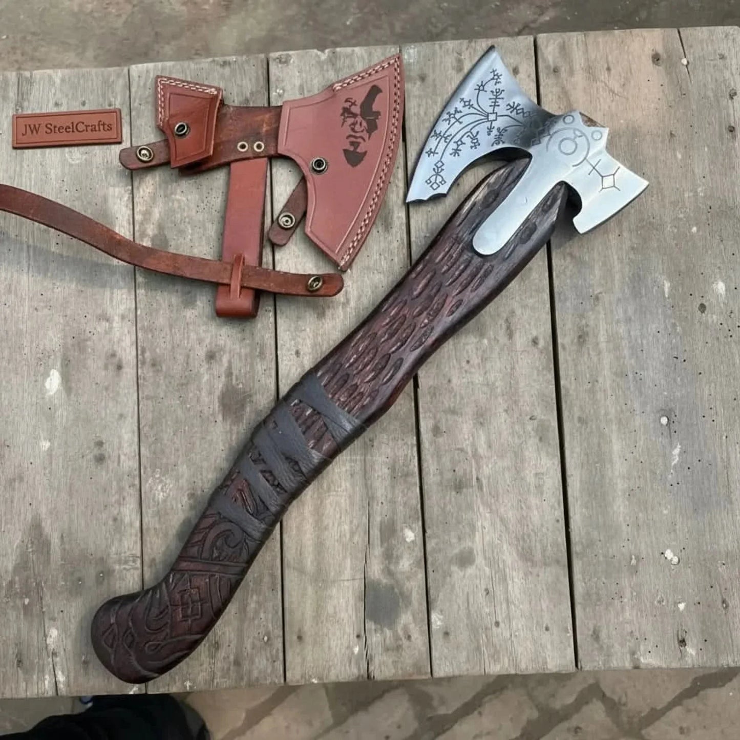 Handmade Viking Double-Bit Carbon Steel Axe with Norse Rune Etching and Engraved Hardwood Handle