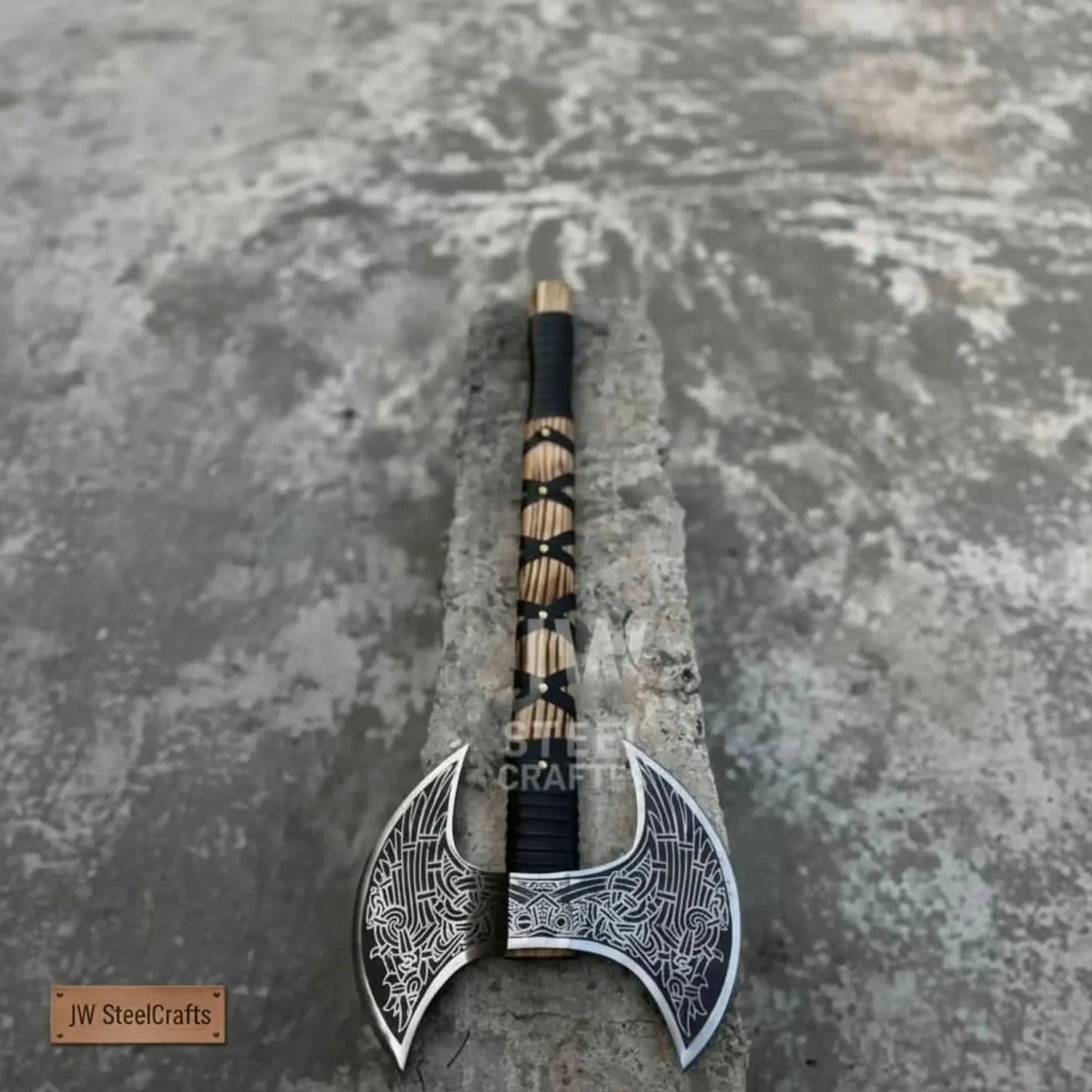 Hand Engraved Double Headed Viking Axe with Nordic Knotwork and Leather Wrapped Handle