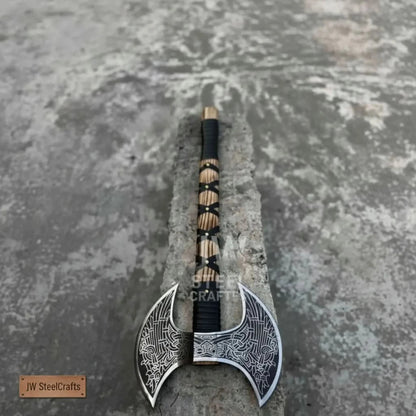 Hand Engraved Double Headed Viking Axe with Nordic Knotwork and Leather Wrapped Handle