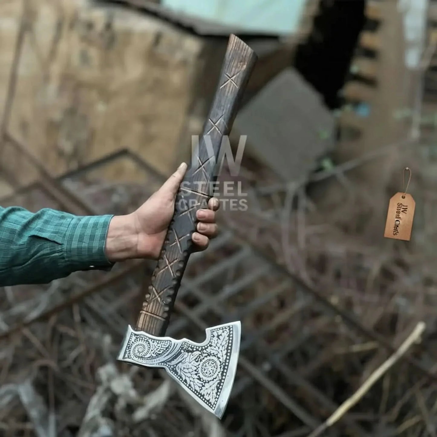Norse Viking Axe Set with Engraved Steel Heads and Carved Hardwood Handles