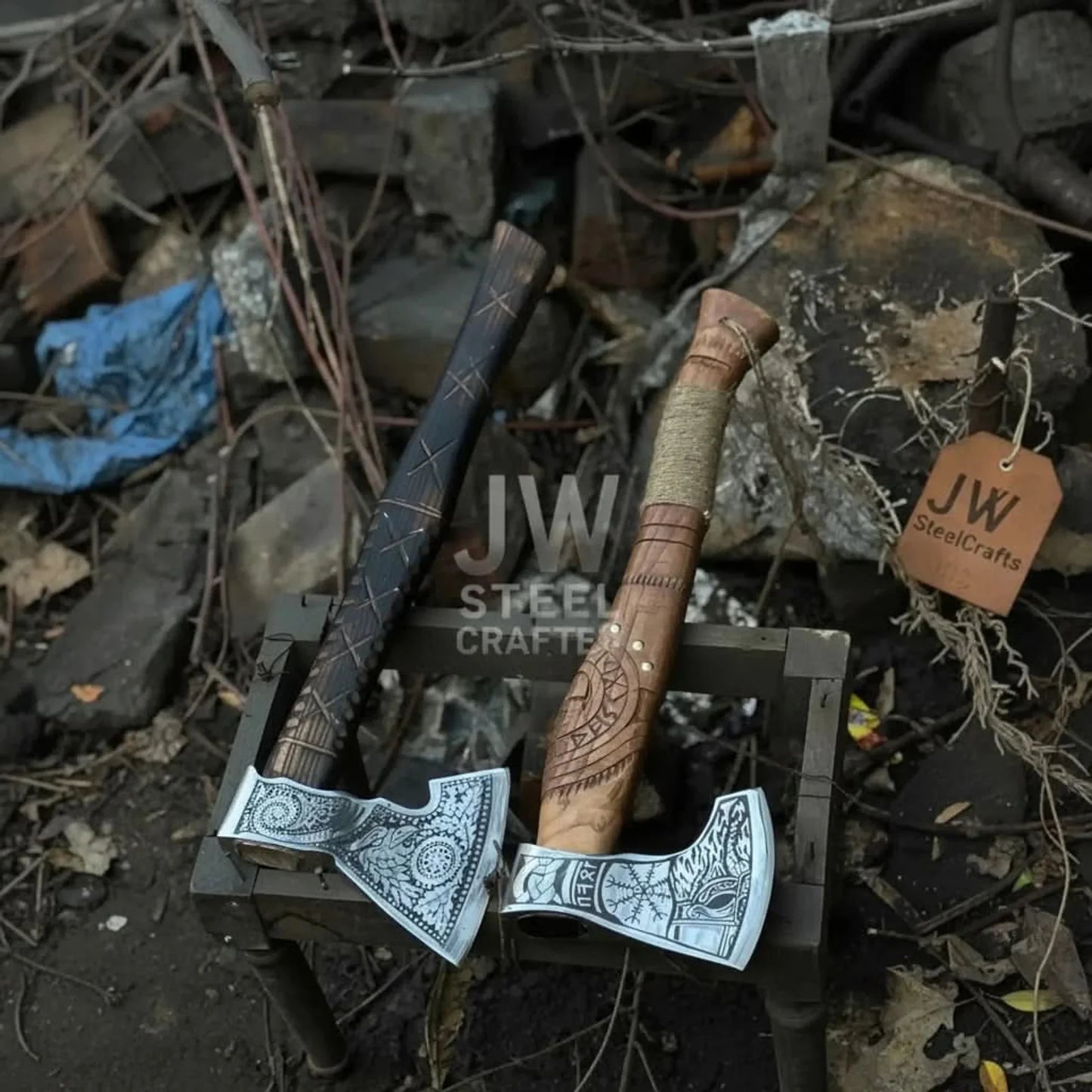Norse Viking Axe Set with Engraved Steel Heads and Carved Hardwood Handles