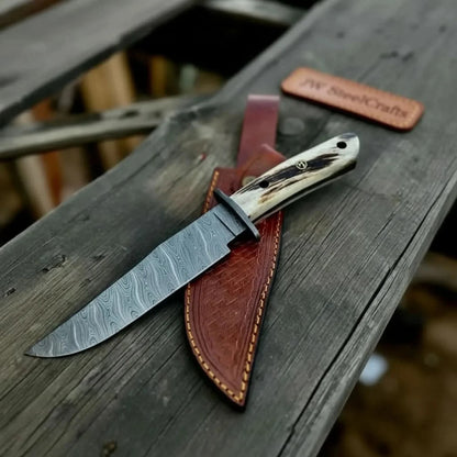 Handmade Damascus Hunting Knife with Stag Antler Bowie Blade