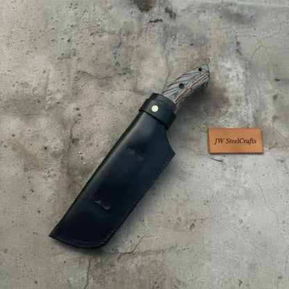 Damascus Hunting Knife with Grey Pinecone Handle | Full Tang + Black Leather Sheath