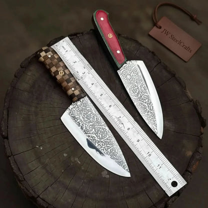 Acid-Etched Chef Knife with Red Pakka Wood & Checker Brown Wood Handle