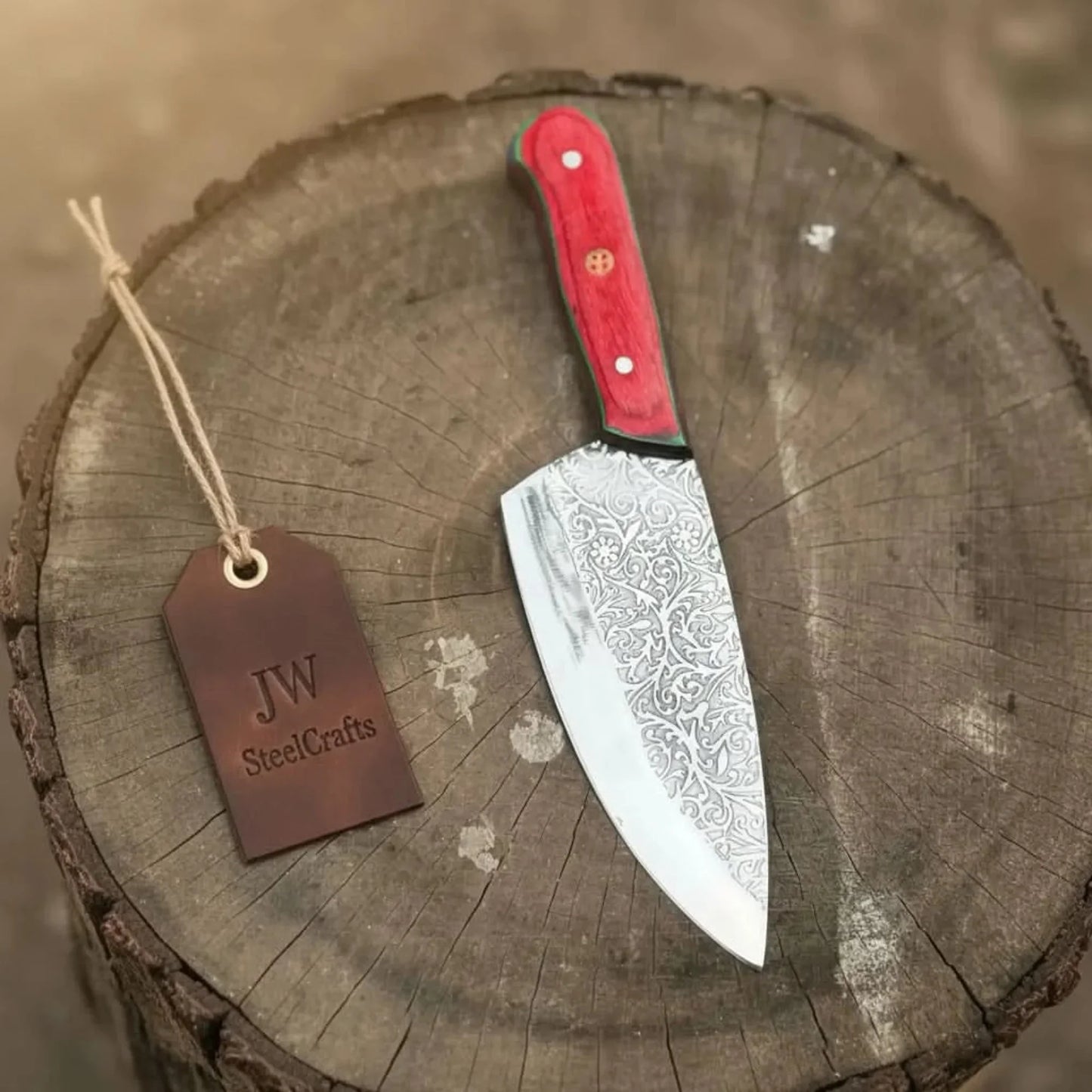 Acid-Etched Chef Knife with Red Pakka Wood & Checker Brown Wood Handle