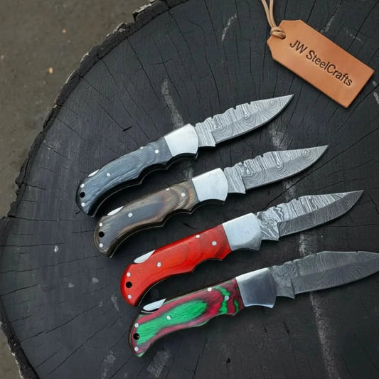 Handmade Damascus Steel Folding Knife – 4 Premium Handle Variations