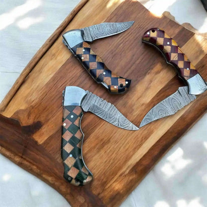 Handmade Damascus Folding Knife with Checker Pattern Wood Handle (Red, Green, Blue) with Leather Sheath