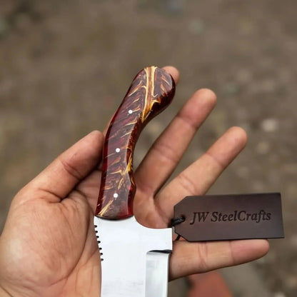 Stainless Steel Sheepsfoot Outdoor Knife — Brown Orange Swirl Resin Handle