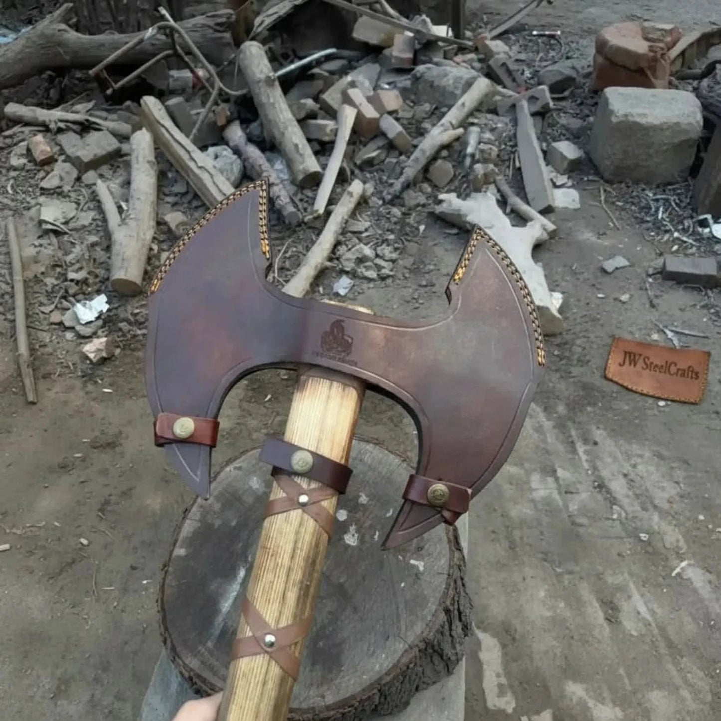 Handcrafted Double-Head Decorative Axe with Wooden Handle – JW SteelCrafts