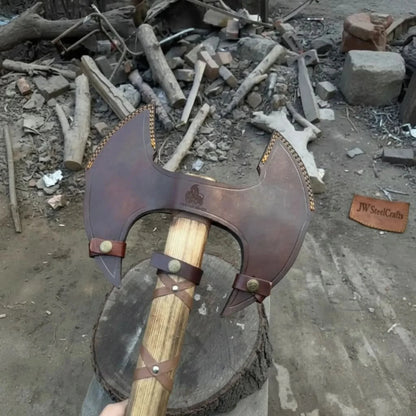 Handcrafted Double-Head Decorative Axe with Wooden Handle – JW SteelCrafts
