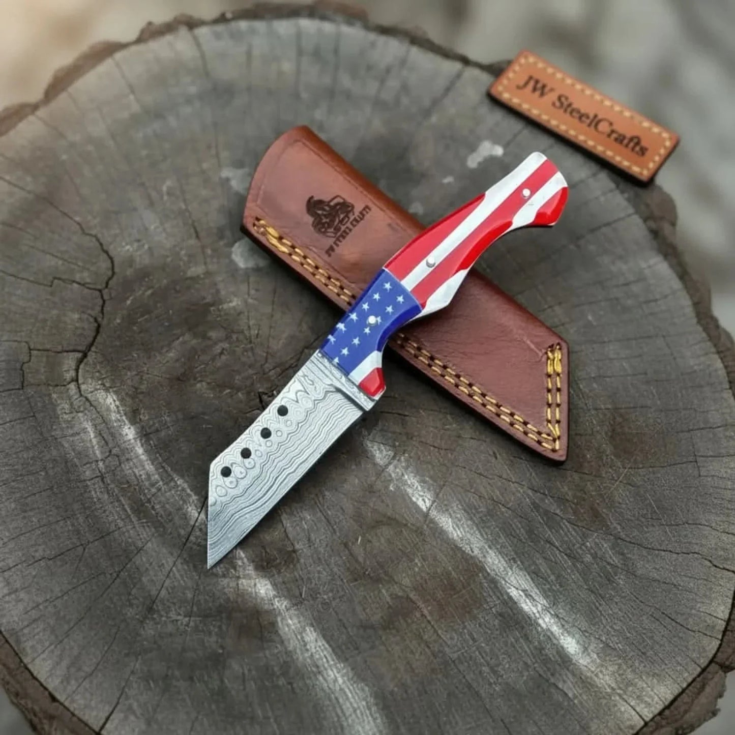 Damascus Tanto Fixed Blade Knife with American Flag Resin Handle, and Leather Sheath