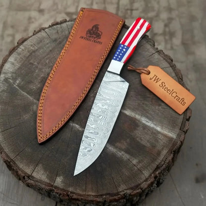 Damascus Chef Knife USA Flag Resin Handle | Hand-Forged Performance Blade