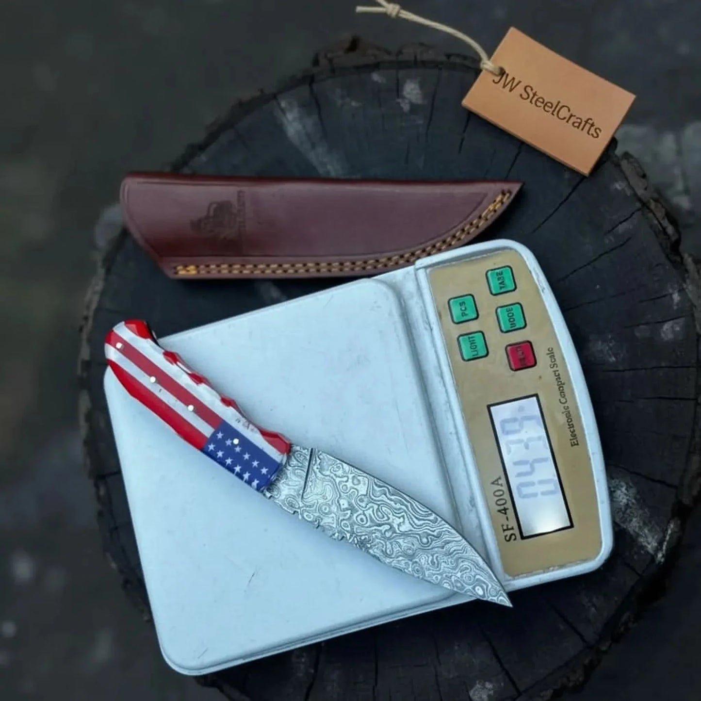 Damascus Steel USA Flag Handle Knife — 5-Inch Raindrop, & Leather Sheath