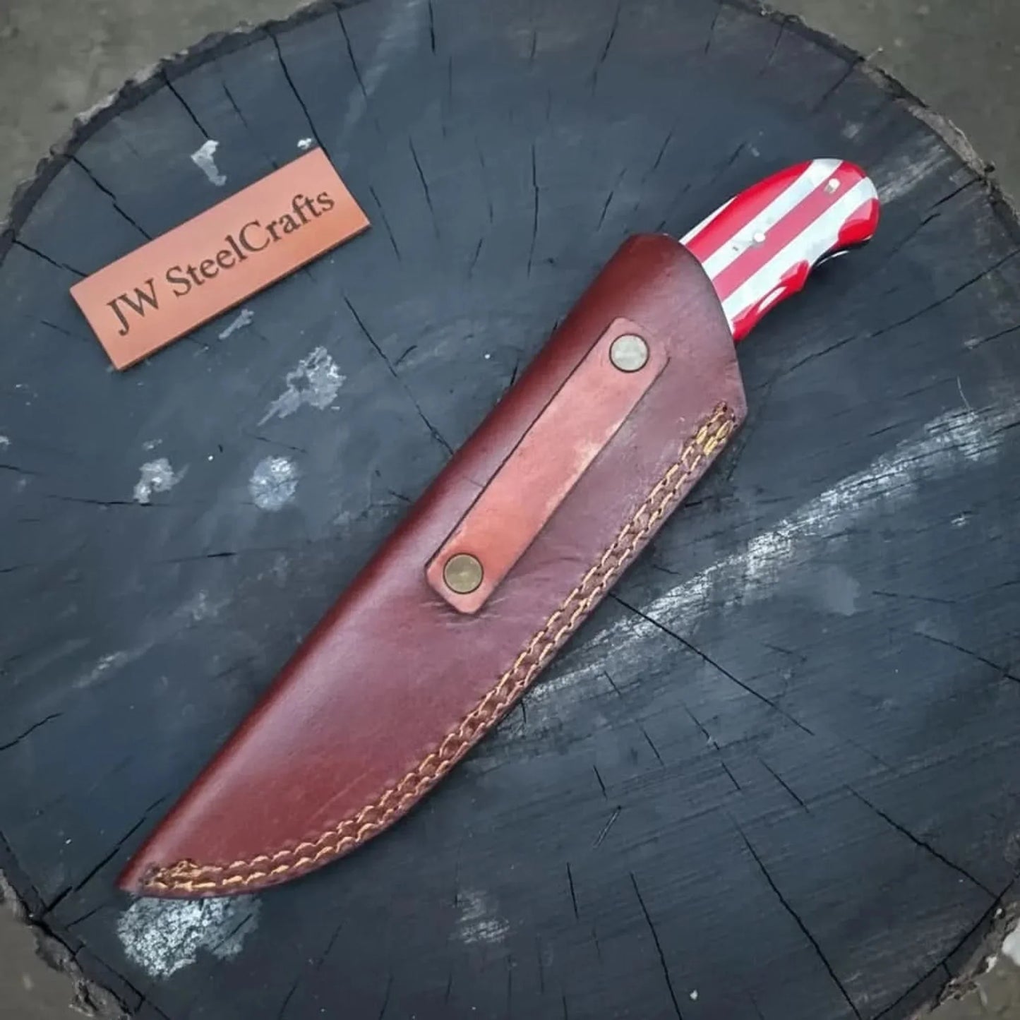Damascus Steel USA Flag Handle Knife — 5-Inch Raindrop, & Leather Sheath