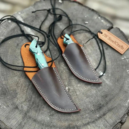 Neck Knife with Leather Sheath – Mini Damascus Pattern Blade | Green Resin Handle | JW SteelCrafts