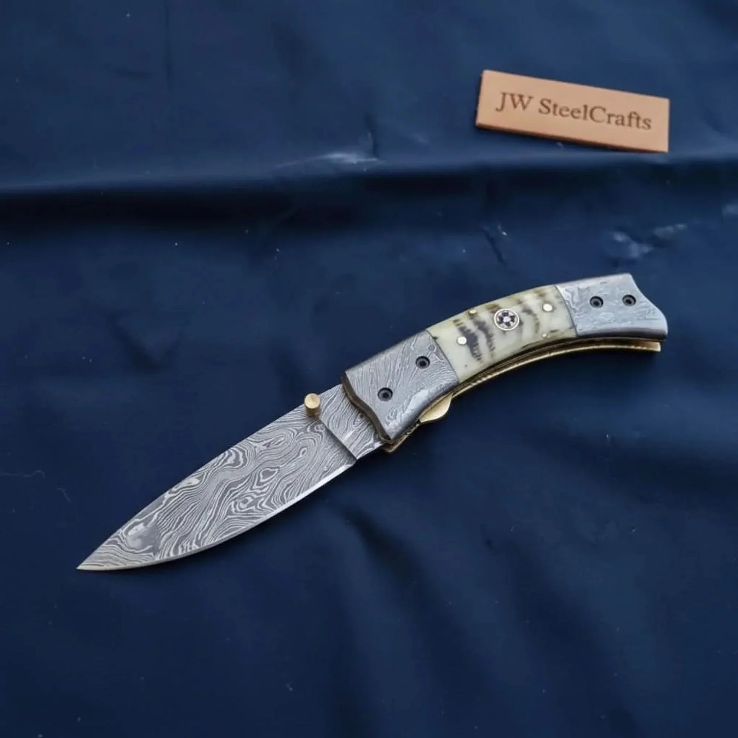 Handmade Damascus Steel Folding Knife with Natural Bone Handle – Custom Pocket Knife