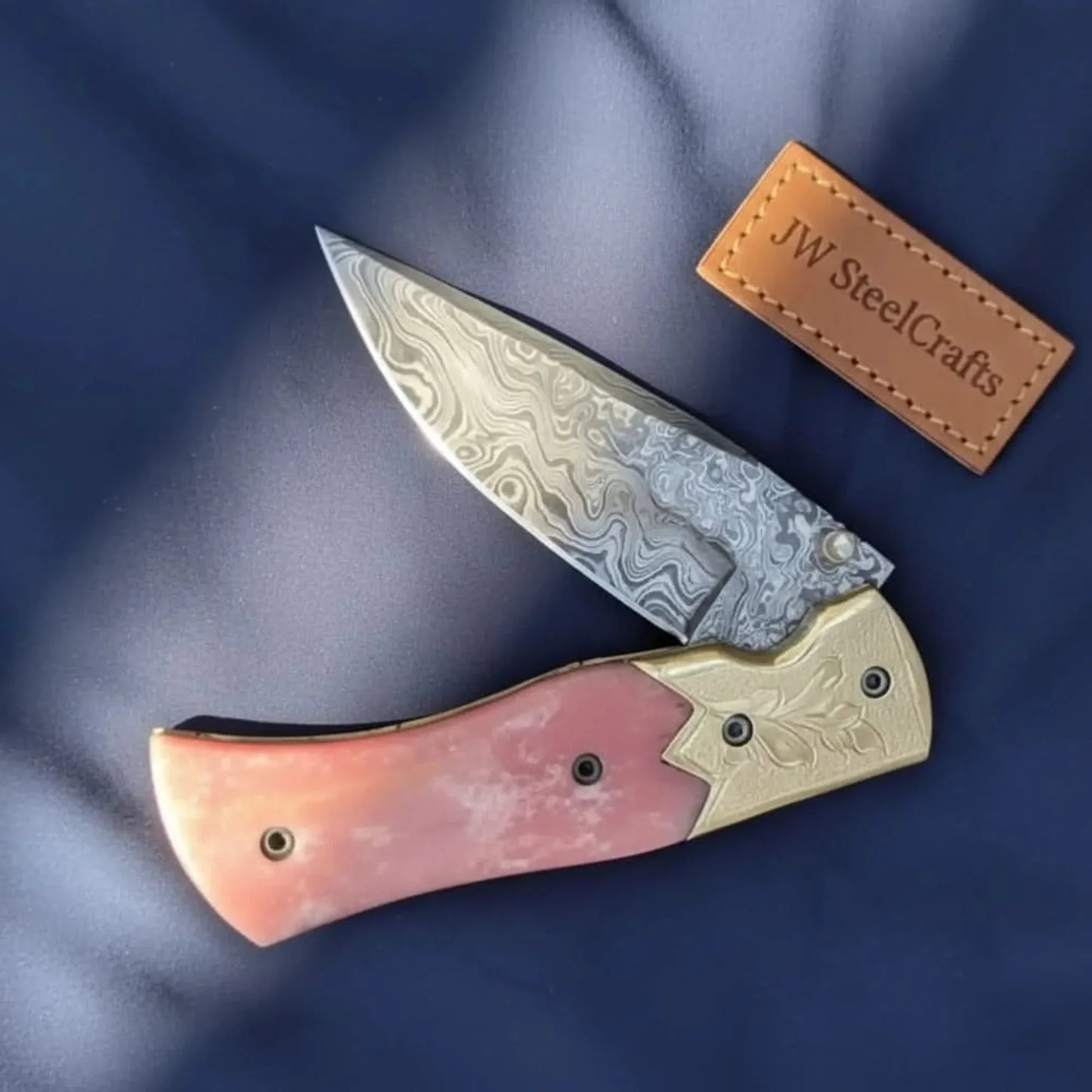 Handmade Damascus Folding Knife – Pink Colored Bone Handle with Brass Bolster | Pocket Knife