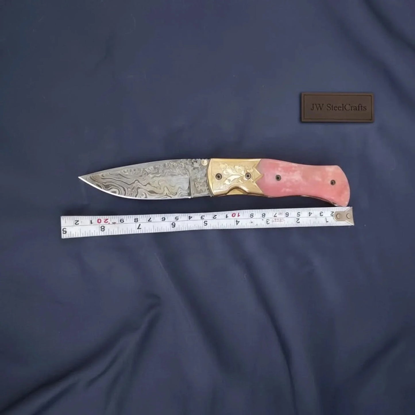 Handmade Damascus Folding Knife – Pink Colored Bone Handle with Brass Bolster | Pocket Knife
