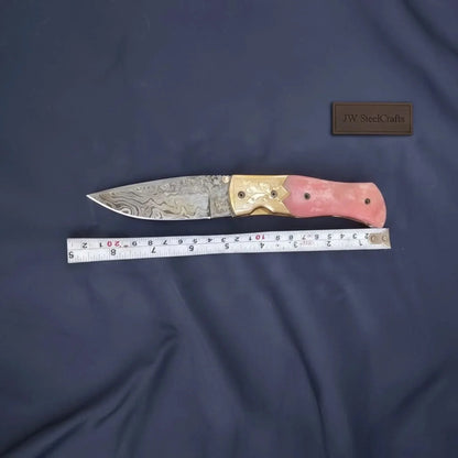 Handmade Damascus Folding Knife – Pink Colored Bone Handle with Brass Bolster | Pocket Knife