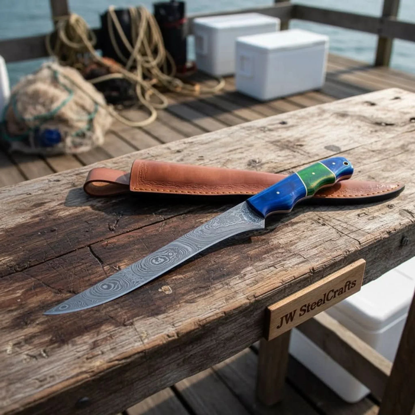 Handmade Damascus Fillet Knife – 10 Inch Overall, 5 Inch Precision Fish Filleting Blade with Colored Wood Handle, Full Tang Fishing Knife with Leather Sheath, JW SteelCrafts