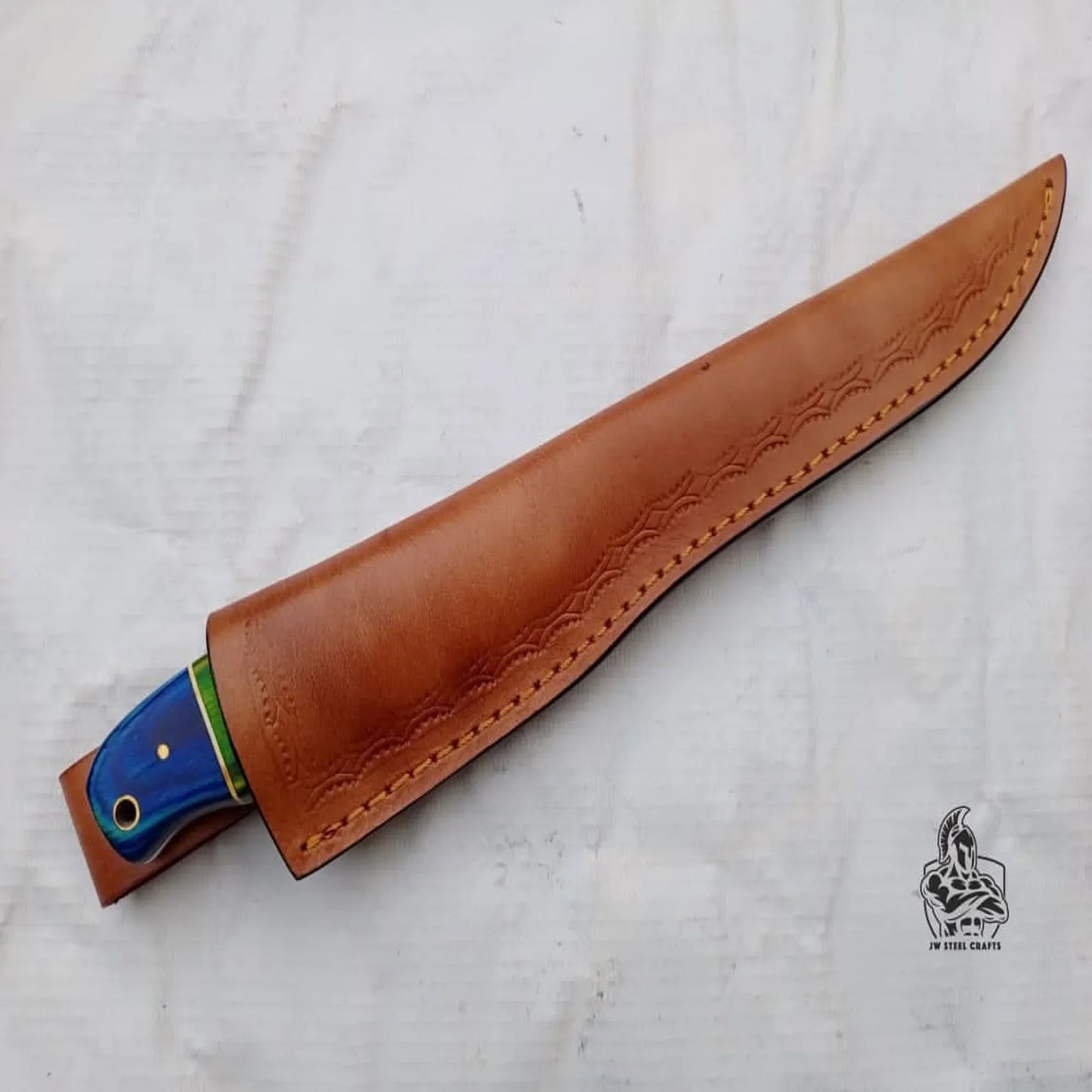 Handmade Damascus Fillet Knife – 10 Inch Overall, 5 Inch Precision Fish Filleting Blade with Colored Wood Handle, Full Tang Fishing Knife with Leather Sheath, JW SteelCrafts