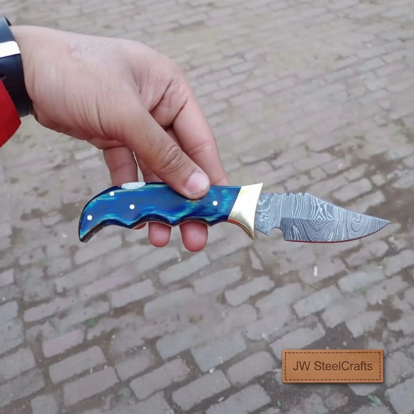 Handmade Damascus Pocket Knife | Colored Pakka Wood Folding EDC Knife