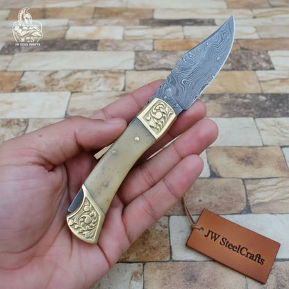 Handmade Damascus Steel Folding Pocket Knife with Bone Handle & Engraved Brass Bolsters