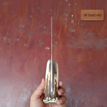 Handmade Damascus Gut Hook Skinner Knife With Deer Horn Handle