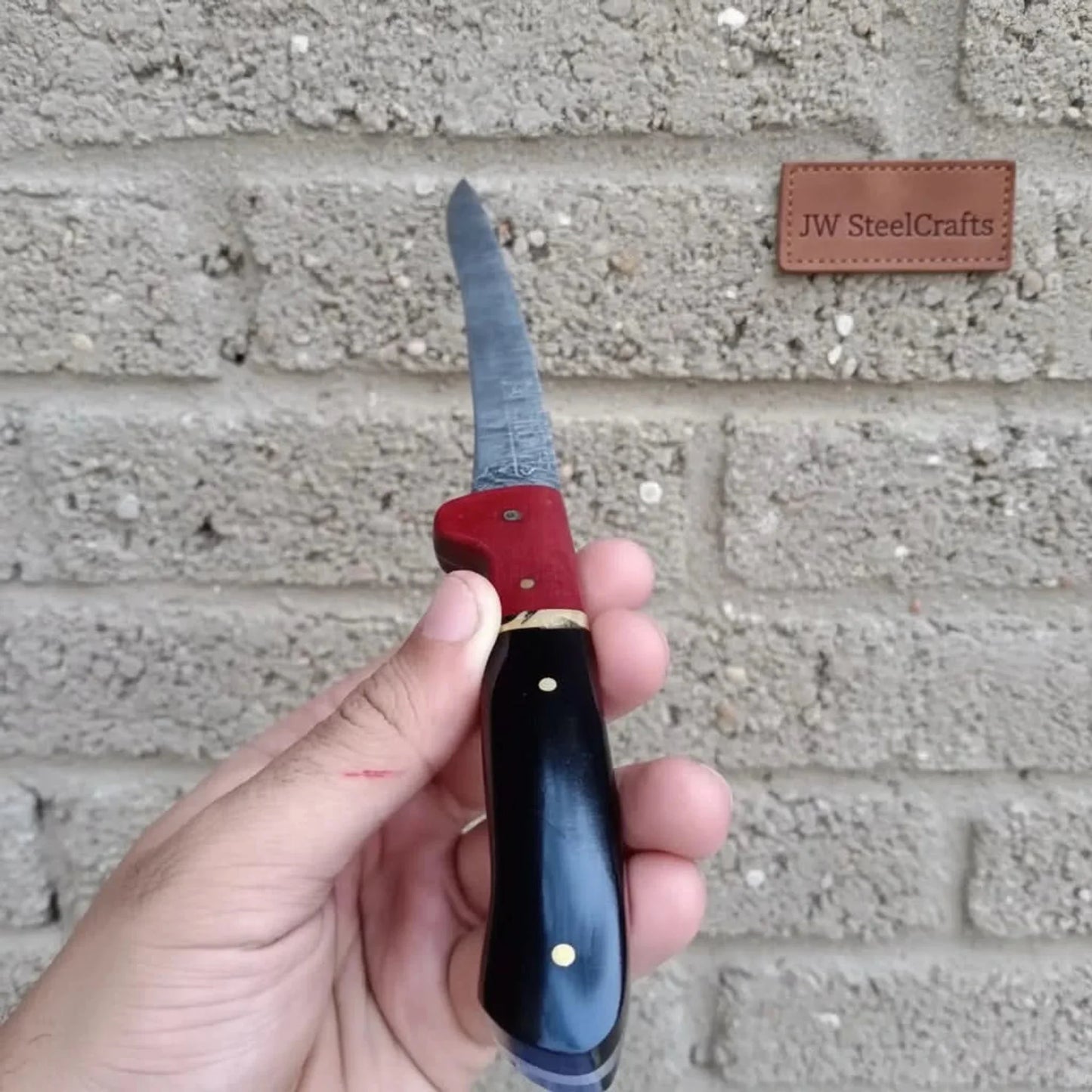 13-Inch Forged Damascus Boning & Fillet Knife — Blue and Red Two-Tone Resin Handle, Steel Bolster & Silver Pins
