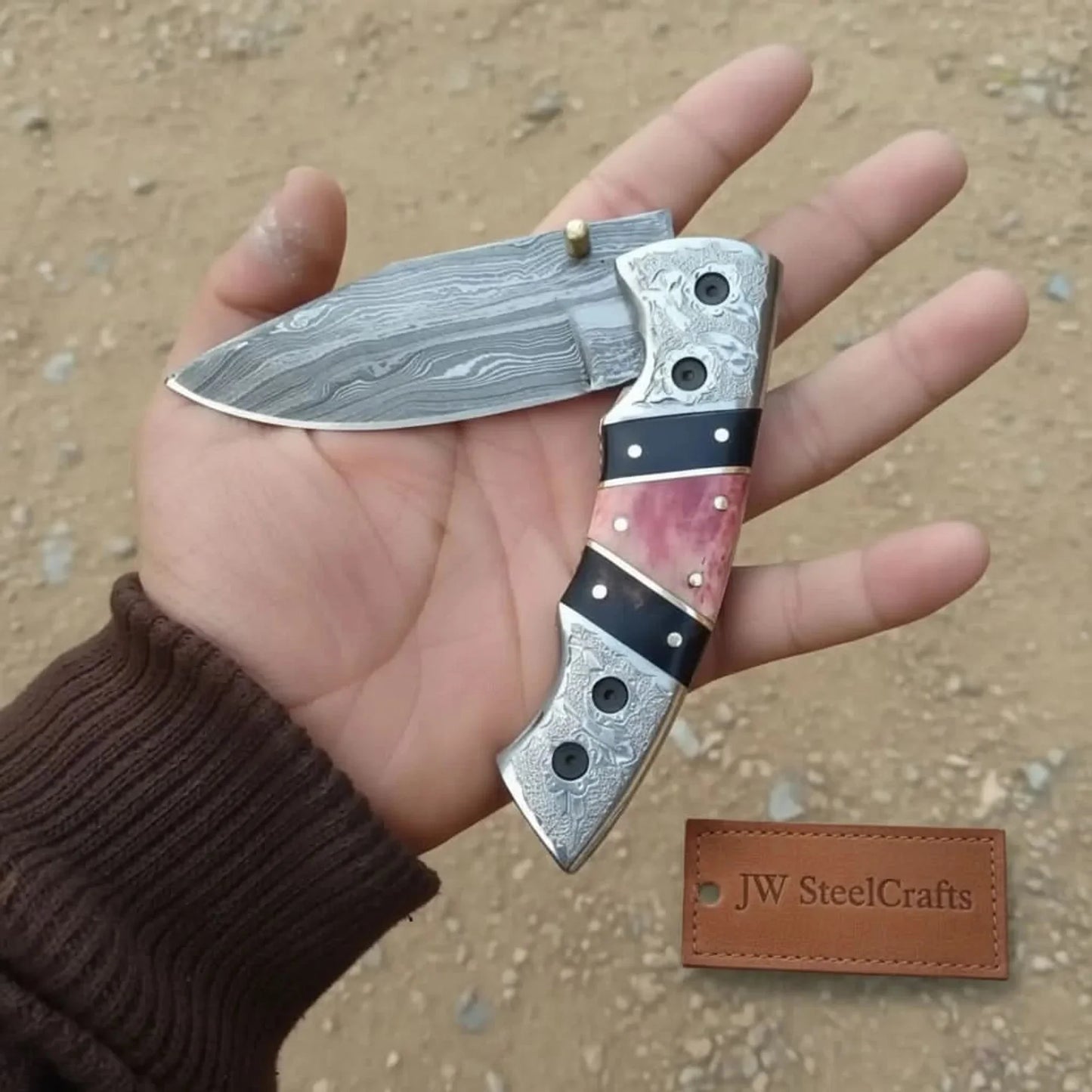 Handmade Damascus Folding Knife with Engraved Bolster, Black Resin and Colored Bone Handle – Custom EDC Pocket Knife by JW SteelCrafts