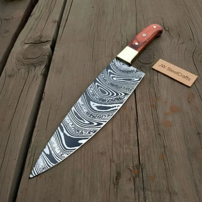 8” Carbon Steel Gyuto Chef Knife – Twisted Acid-Etched Blade with Red Pakka Wood Handle