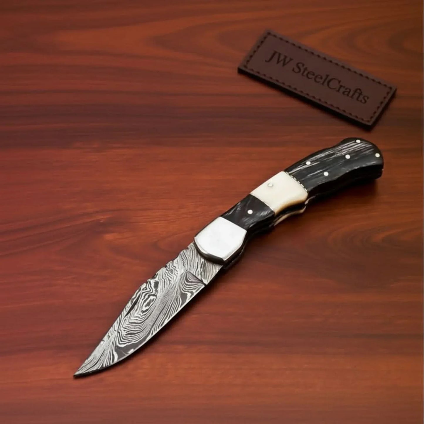 Handmade Damascus Folding Pocket Knife – Engraved & Plain Handle Variants | Leather Sheath Included
