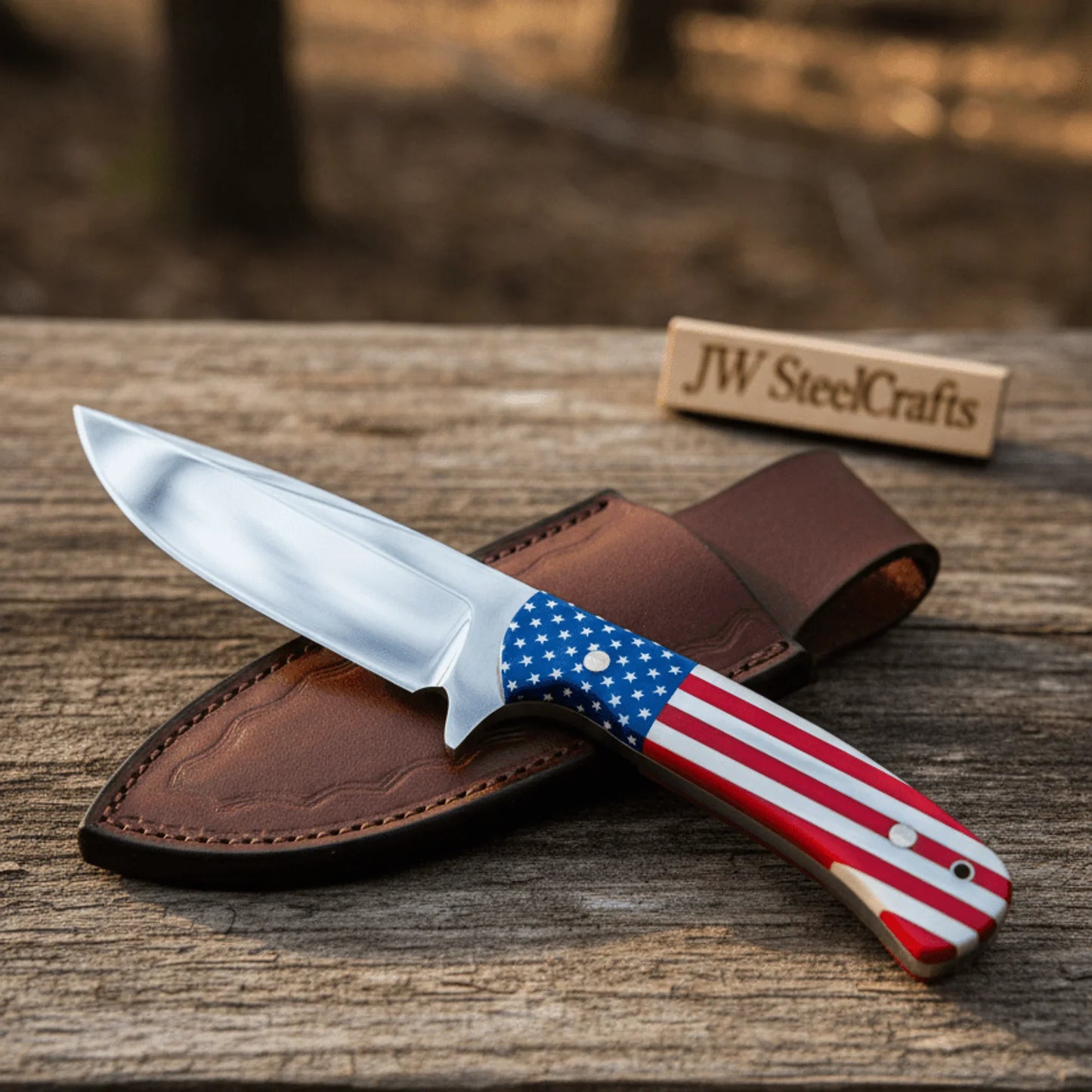 Handmade Drop Point Hunting Knife – High Polish Bearing Steel Blade, USA Flag Handle, Full Tang Fixed Blade