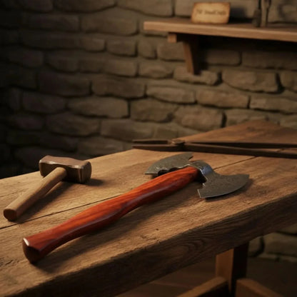 Handmade Viking Camp Axe, Broad Crescent Pattern-Welded Blade