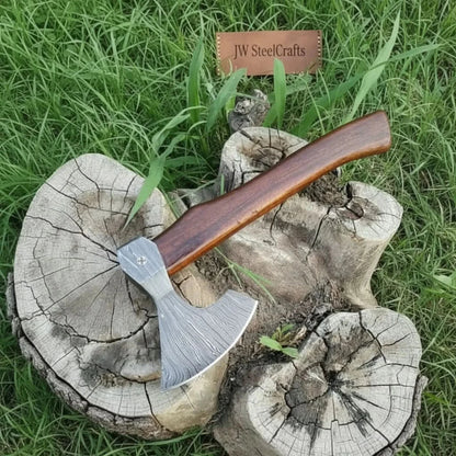 Field Ready Camping Axe, Artisan Pattern Steel Blade, Balanced Wood Handle