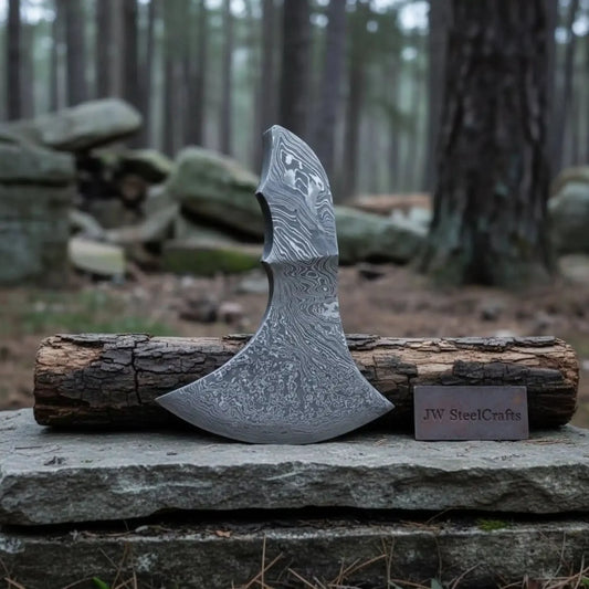 Hand Forged Damascus Bearded Axe Head Blank, Crescent Edge, Custom Handle Build | JW SteelCrafts