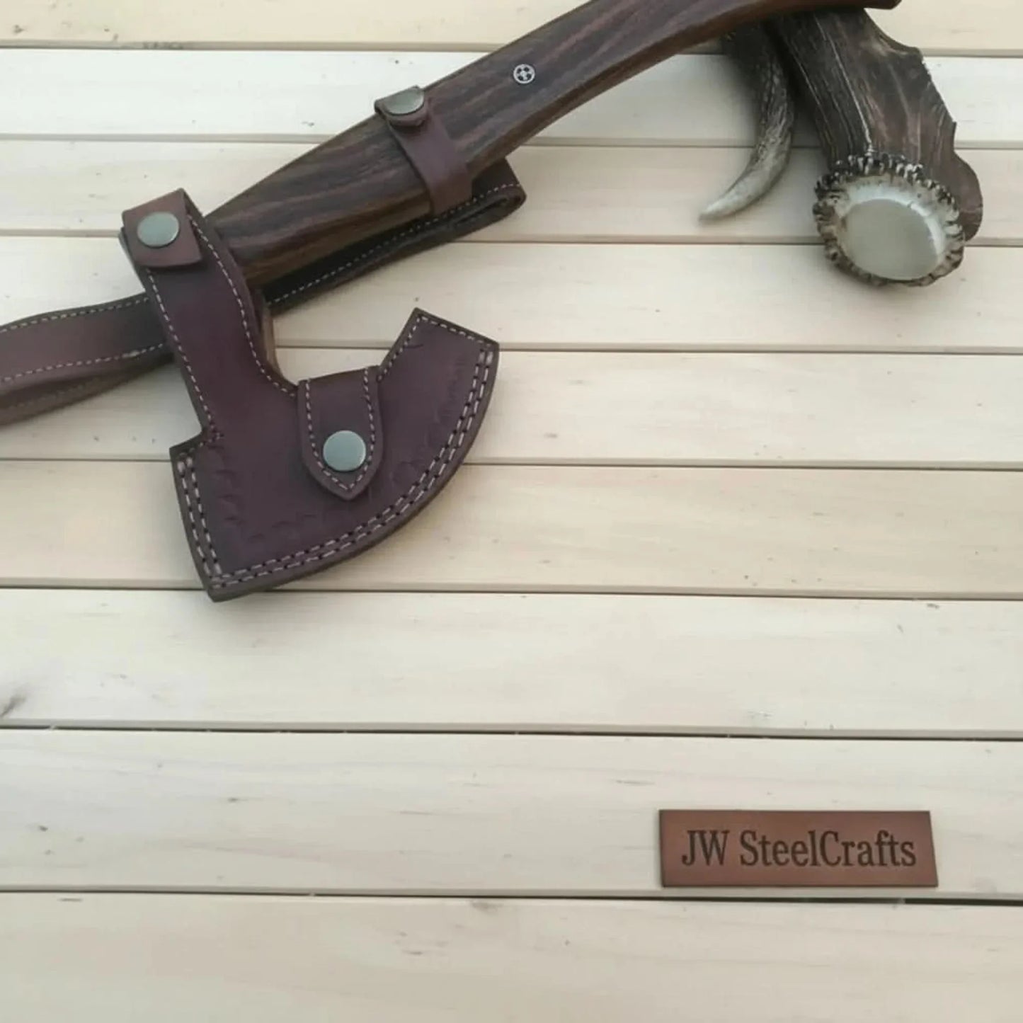 Damascus Camping Axe with Curved Rosewood Handle – Hand Forged Bushcraft Axe with Leather Sheath | JW SteelCrafts